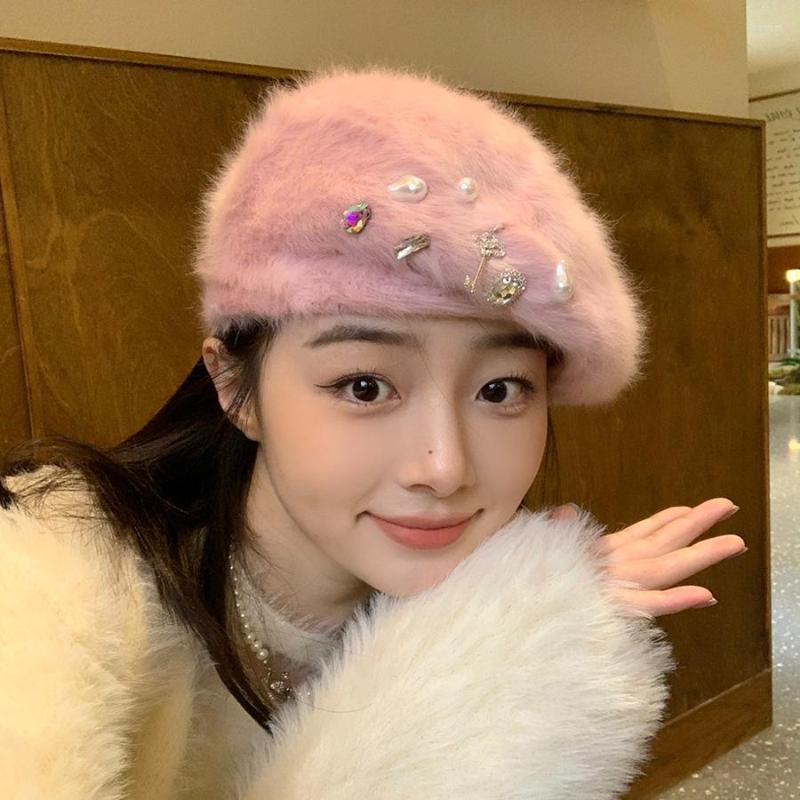

Berets Handmade Rhinestone White Fur Beret Cap Female Autumn Winter Fashion Bib Plush Painter Hat