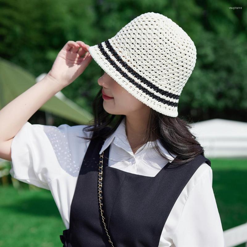 

Wide Brim Hats Women Beach Hat Knitted Hollow Out Patchwork Stripes Crochet Floppy Top Summer Outdoor Supply, Black