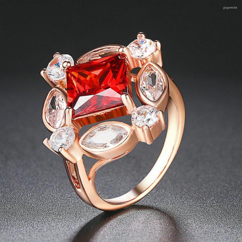 

Cluster Rings Copper For Women Fashion Cubic Zircon Red Crystal Princess Ring Rose Gold Color Brand Jewelry Sale DWR835