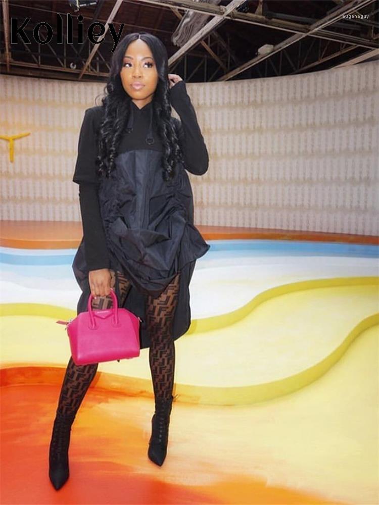 

Casual Dresses Kolliey Fall Black Hoodies For Women Fashion 2023 Drawstring Long Sleeve Mini Dress Female Patchwork Short