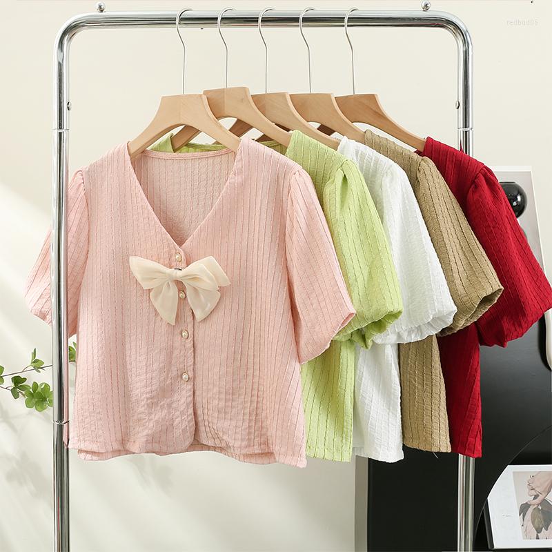 

Women's Blouses French Chic Sweet For Women Summer Casual Short Sleeve V-neck Single Breasted Butterfly Femme Crop Shirts Tops Blusas, Green