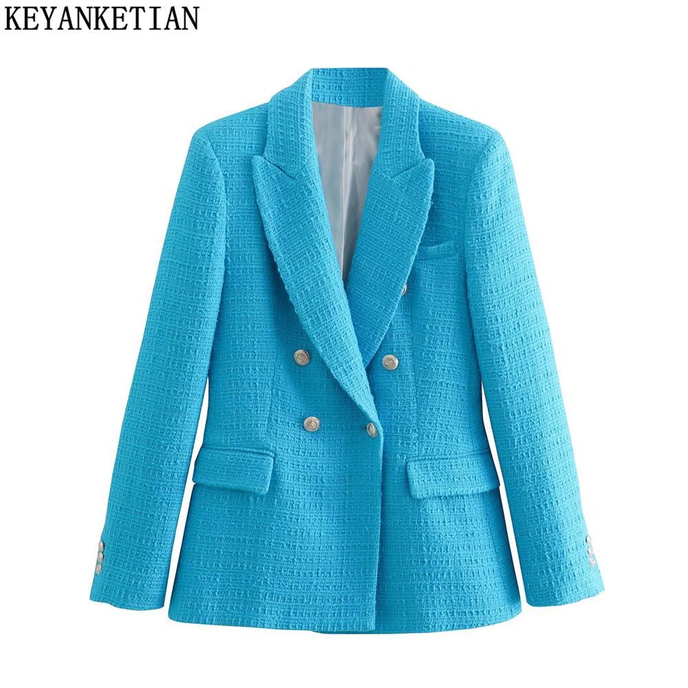 

Pants KEYANKETIAN ZA 2022 Textured Blue Blazer Ladies Tweed Jacket Ladies Spring Long Sleeve Jacket Elegant Ladies Blazer