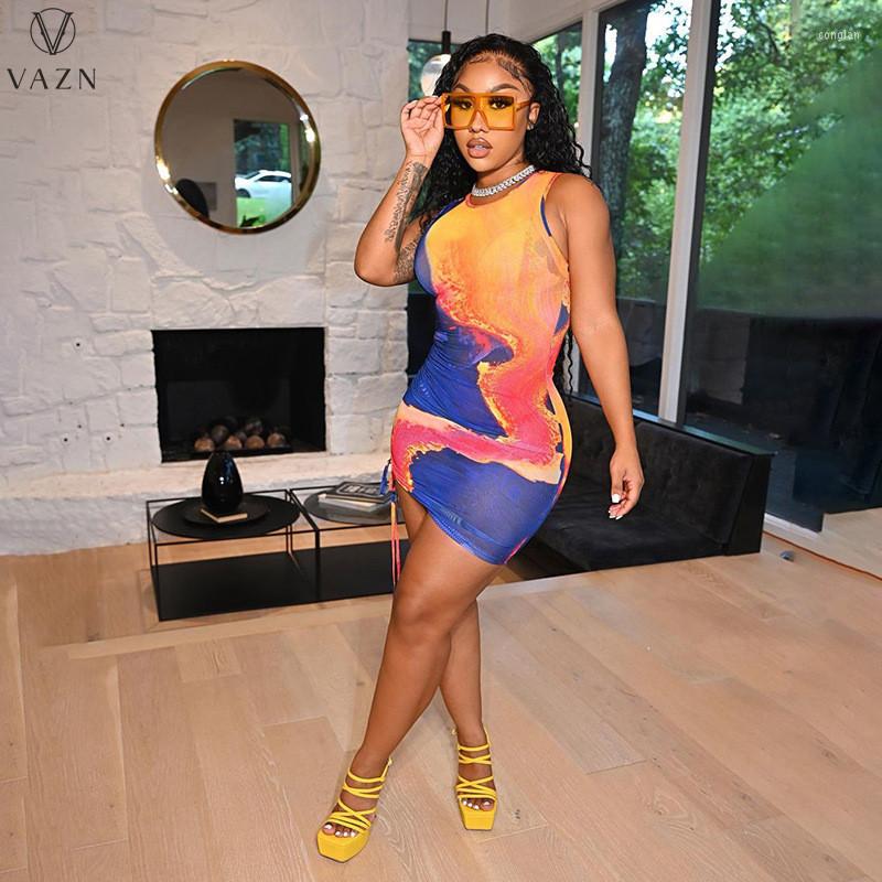 

Casual Dresses VAZN 2023 Summer Sexy Club Party Style Women Short Dress Sleeveless Round Neck Printed Lady Mini, Blue