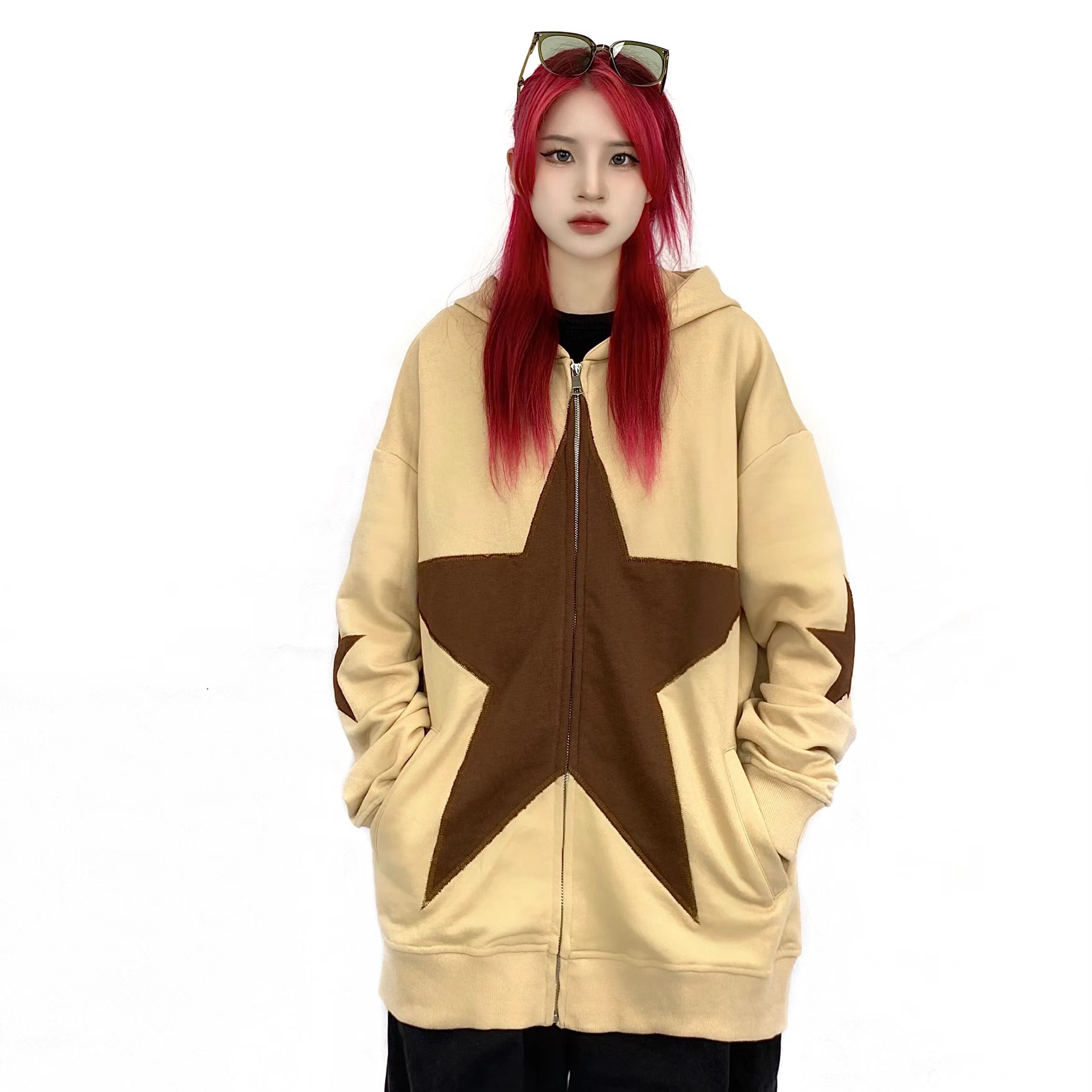 

Fashion Streetwear Hoodie Pentagram Cardigan Zipper Hooded Sweatshirts Loose Coat Autumn and Winter, Black
