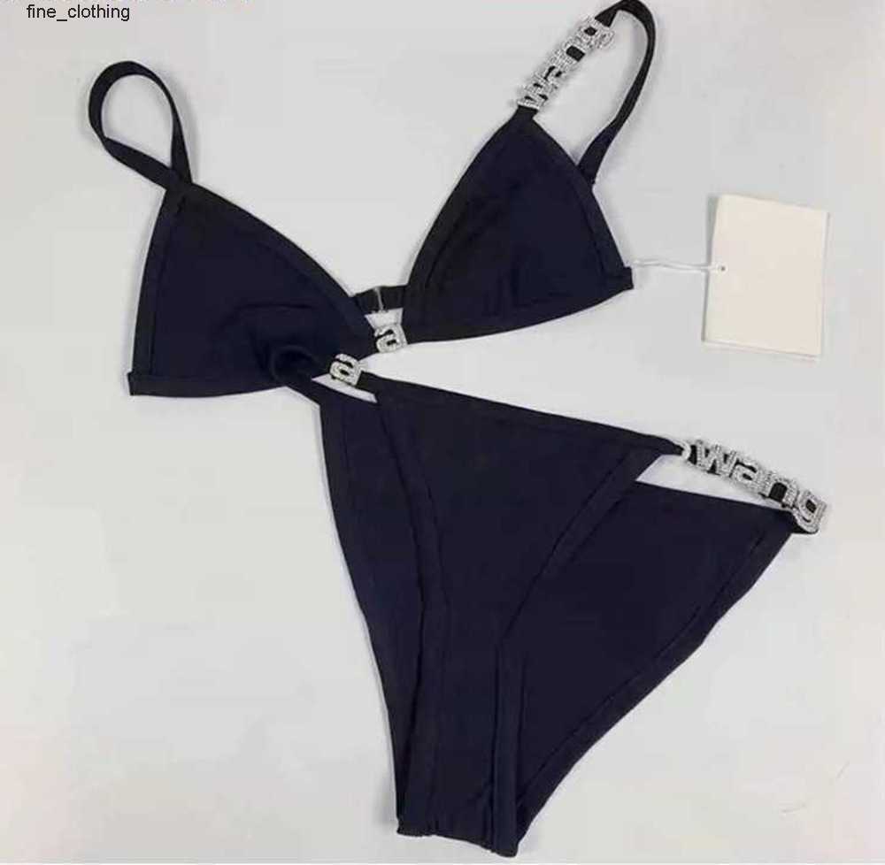 

wonmen designer Aw dawangjia 23 spring and summer new crystal letter decorative wang bikini rimless underwear swimsuit set Motion current ess, Black