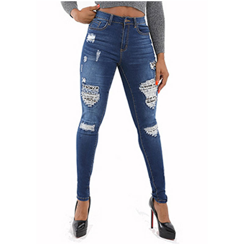 Women Casual Jeans Push Up Patchwork Skinny Ripped Knee Holes High Waist Slim Fit Long Pants Female Trousers High Quality Free Shipping-image-528392279