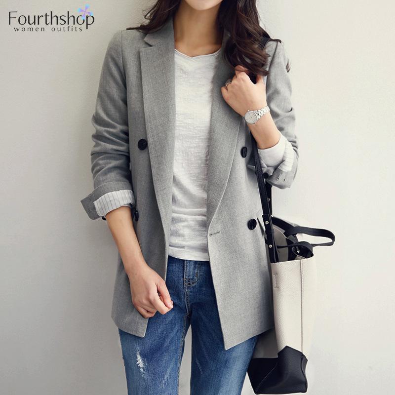 

Pants 2022 Fashion Women Blazers and Jackets Long Sleeve Notched Collar Double Breasted Casual Outwear Spring Autumn Coat Female, Gray