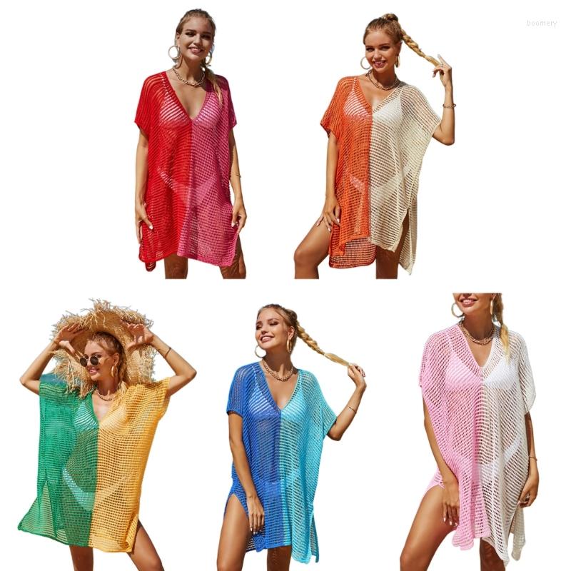 

Women's Swimwear Woman Sexy Deep V-Neck Short Sleeve Mesh Translucent Crochet Long Dress Knitted Beach Bikini Swimsuit Cover Ups