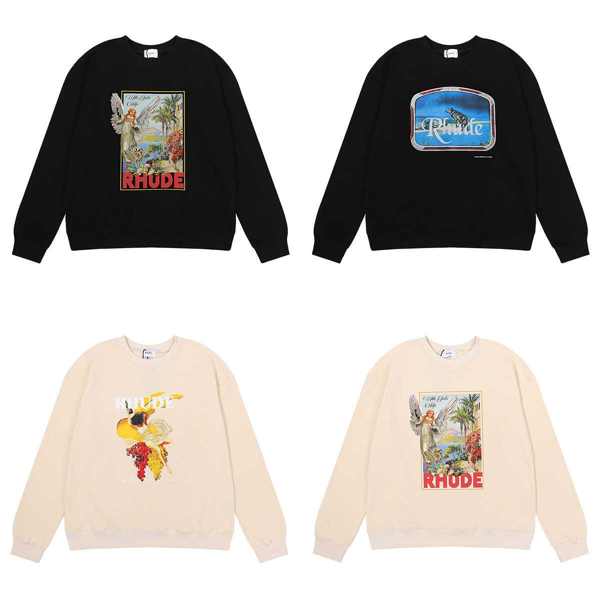 

Designer Clothing Hoodies Fashion Sweatshirts American Trend Brand Rhude Round Neck Printed Sweater Spring Autumn Thin men women Loose Casual Pullover Hip hop, Shipping fee