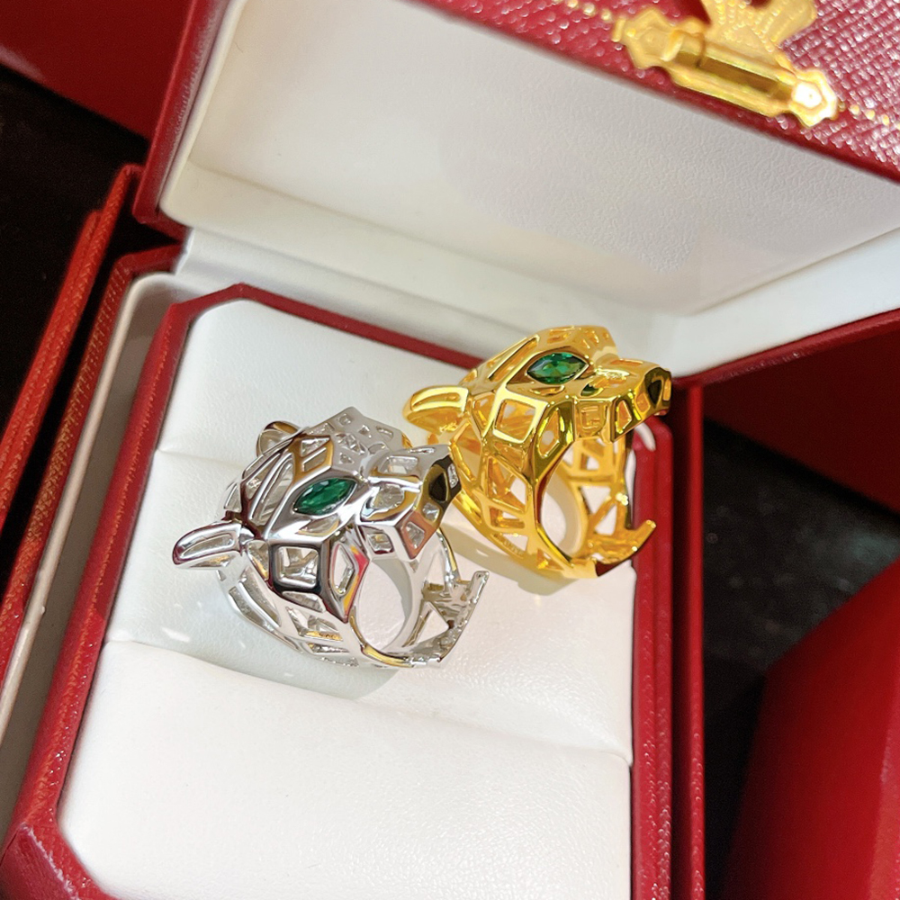 Panthere ring BIG for man lovers designer Double Leopard Head diamond Emerald glasses Gold plated 18K classic style European size 012
