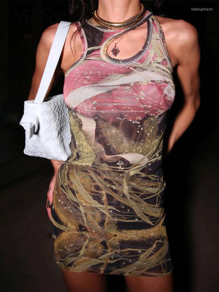 

Casual Dresses Nibber Mini Dress Clother For Women Fashion Printing Dissymmetry-neck Sleeveless Off-shoulder See-through Streetwear, Red