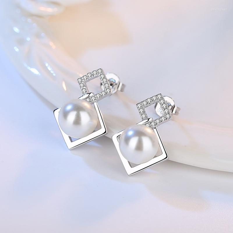 

Stud Earrings OL Style Hollow Square Simulated Pearl Pendant Earring Zirconia Fashion Wedding Ear Jewelry Gift For Women