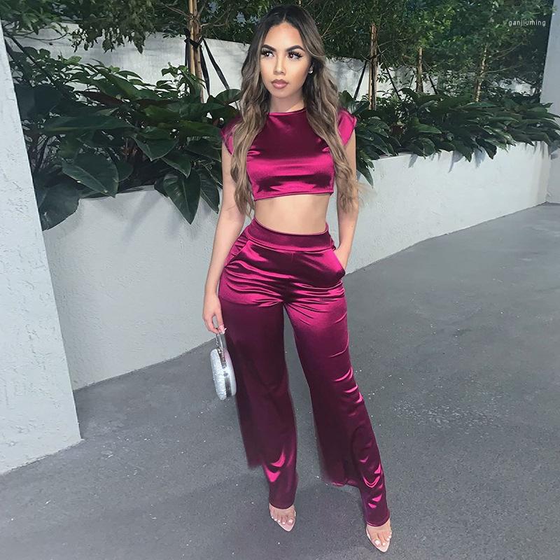 

Women' Two Piece Pants Women Satin Temperament Suits Short Sleeve O-neck Ctop Top Wide-leg Trousers Solid Color Party Club Ladies Casual, Black