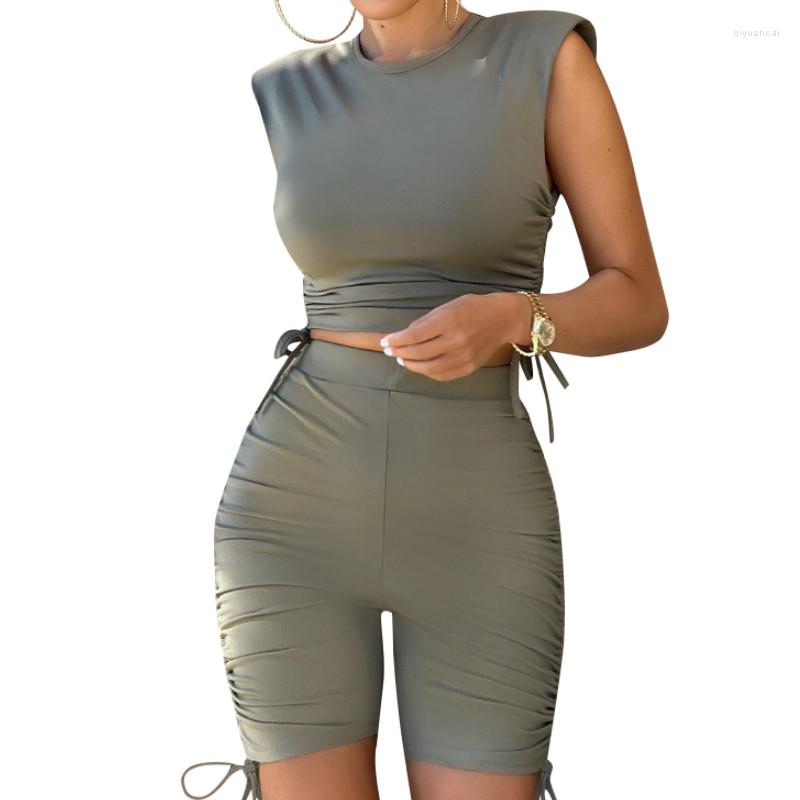 

Women's Tracksuits Women Solid Color Clothes Set With Drawstrings Sleeveless O-neck Cropped Tops High Waist Shorts Summer 2023