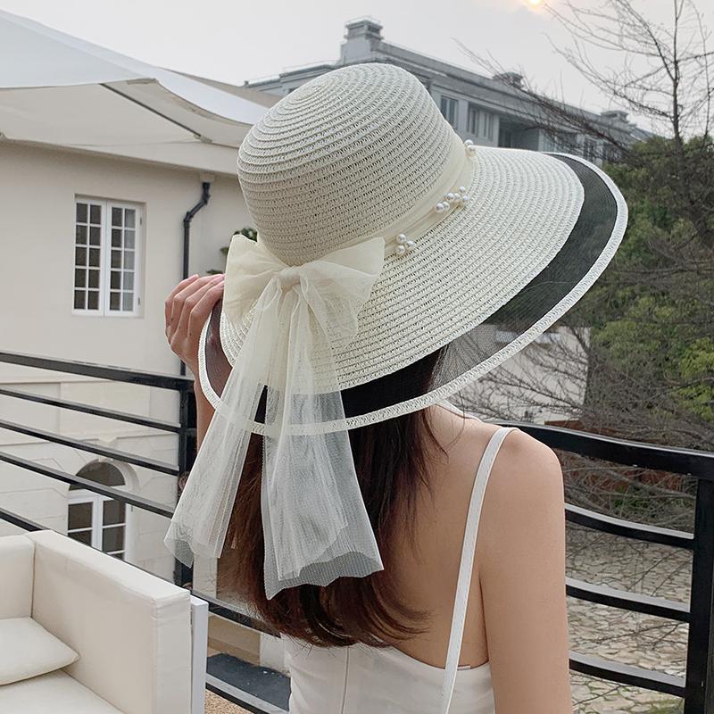 

Wide Brim Hats Panama Woman Straw Gauze Pearl Bow Ribbon Large Sunshade Hat Outing Fashion Beach Holiday Glacier, Pink