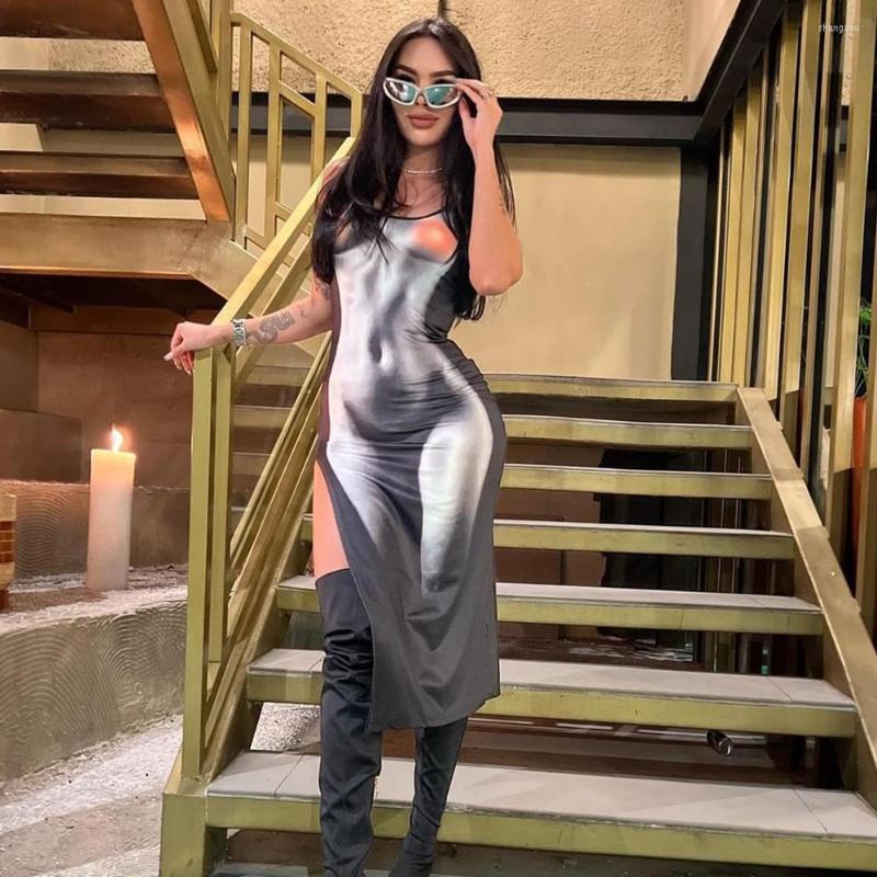 

Casual Dresses Cutubly 2023 Spring Summer Contrast Print Off Shoulder Strap U Neck Dress Clothing Night Party Split Skirts Elegant, Black