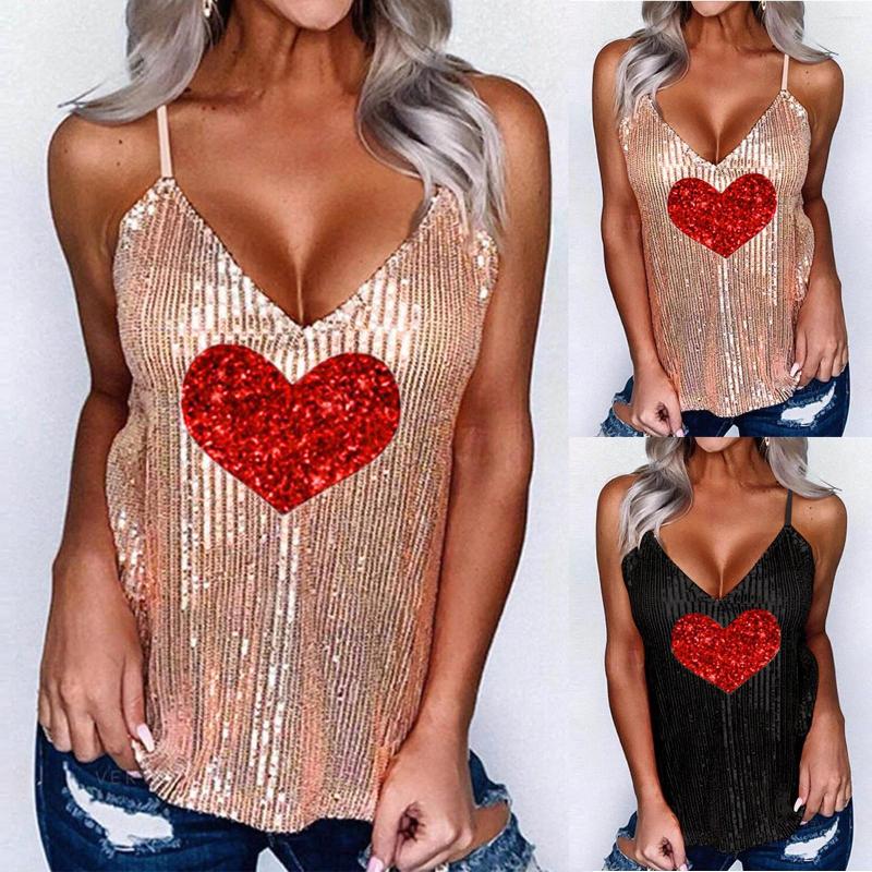 

Camisoles & Tanks Shining V Vest Party Women Love Sequin Camisole Casual Tops Neck Sleeveless Tank Women's Blouse, Black