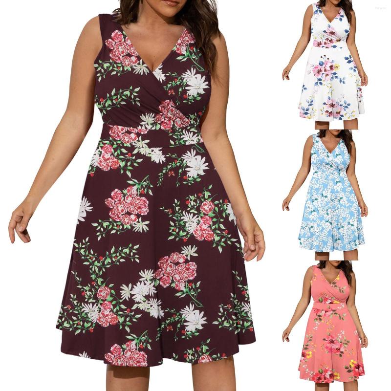 

Casual Dresses 2023 Plus Szie Dress Women Summer Sexy V Neck Sleeveless Printed Swing Cocktail Beach Floral Women's