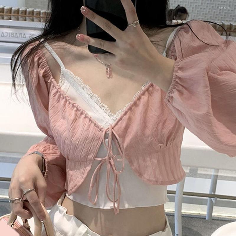 

Women' Blouses 2Pcs/Set Lace Stitching Lantern Long Sleeve Front Lace-up Vest Cover Up Women V-Neck Sling Top Crop Cardigan, Pink