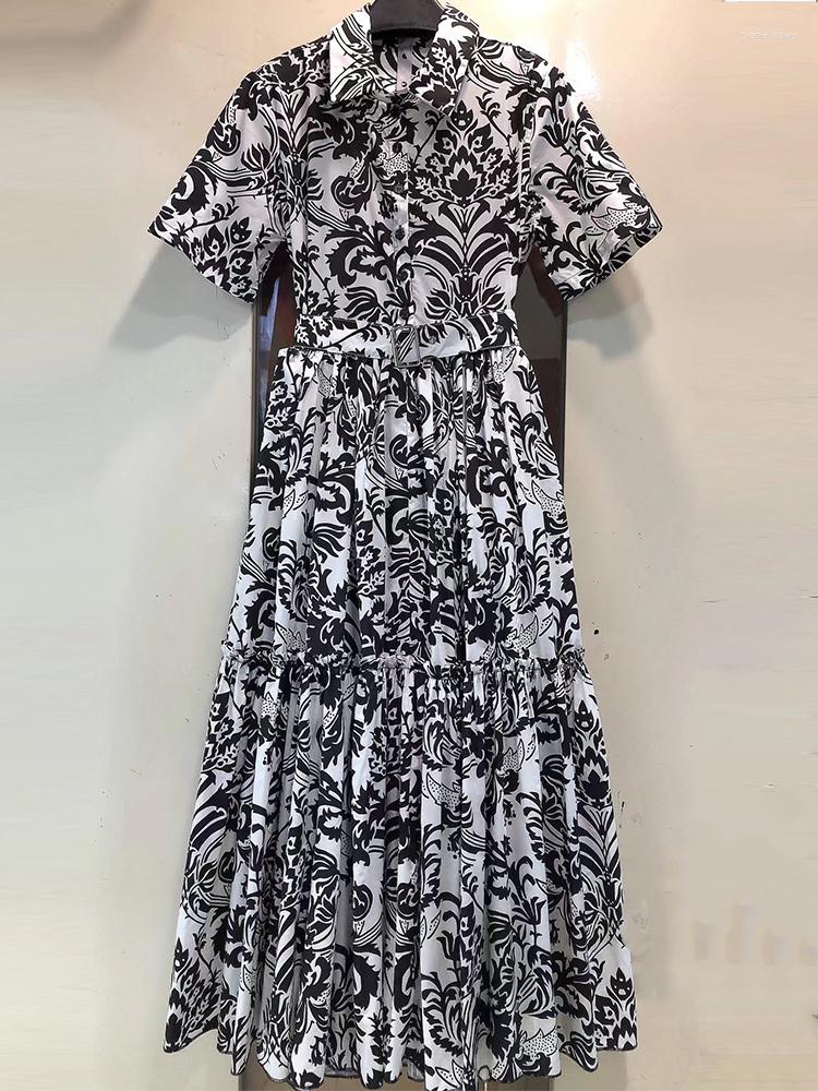 

Casual Dresses High-quality Spring And Summer Women's Short-sleeved Waist Dress Fashion Swing Printed Long Skirt High Holiday, Black