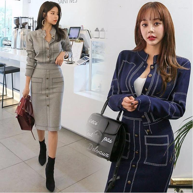 

Work Dresses 2023 Autumn Winter Geometric Pattern Knitting 2 Pieces Suits Women Single-Bbreasted Cardigan Sweater Bodycon Pencil Skirt, Gray