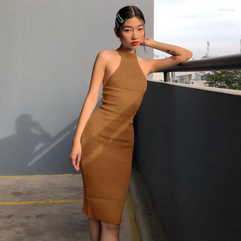 

Casual Dresses Y2K High Street Elegant Hanging Neck Sleeveless Knit Dress Spring/Autumn Fashion Slim Fit Halter Wrapped Hip, Blue