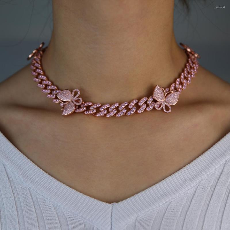 

Chains Iced Out Bling 12mm Pink Cz Butterfly Charm Choker Necklace Cuban Link Chain Hip Hop Jewelry