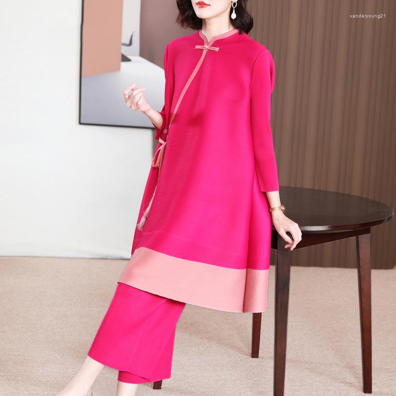 

Women's Two Piece Pants Women Suits Spring Vintage Chinese Style Elastic Loose Miyake Pleated Fashion Patchwork Long Tops Pant Set Female, Rose top pant