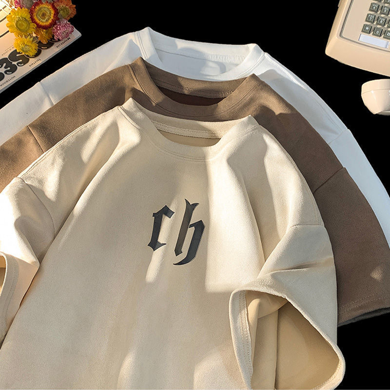 

Mens TShirts American retro printed short sleeved men brand trendy slim heavy Tshirt suede summer couple dress half harajuku 230419, Apricot