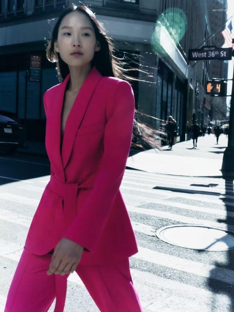 

Women's Two Piece Pants SLMD 2023 Spring Autumn Women Rose Bow Tie Blazers Female Elegant Well, Rose red