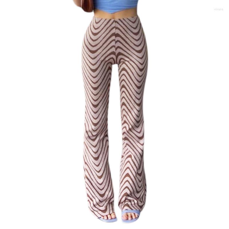 

Women' Pants Women Simple Style Flared Trousers Brown Wavy Stripe Printed Pattern High Waist Spring Autumn