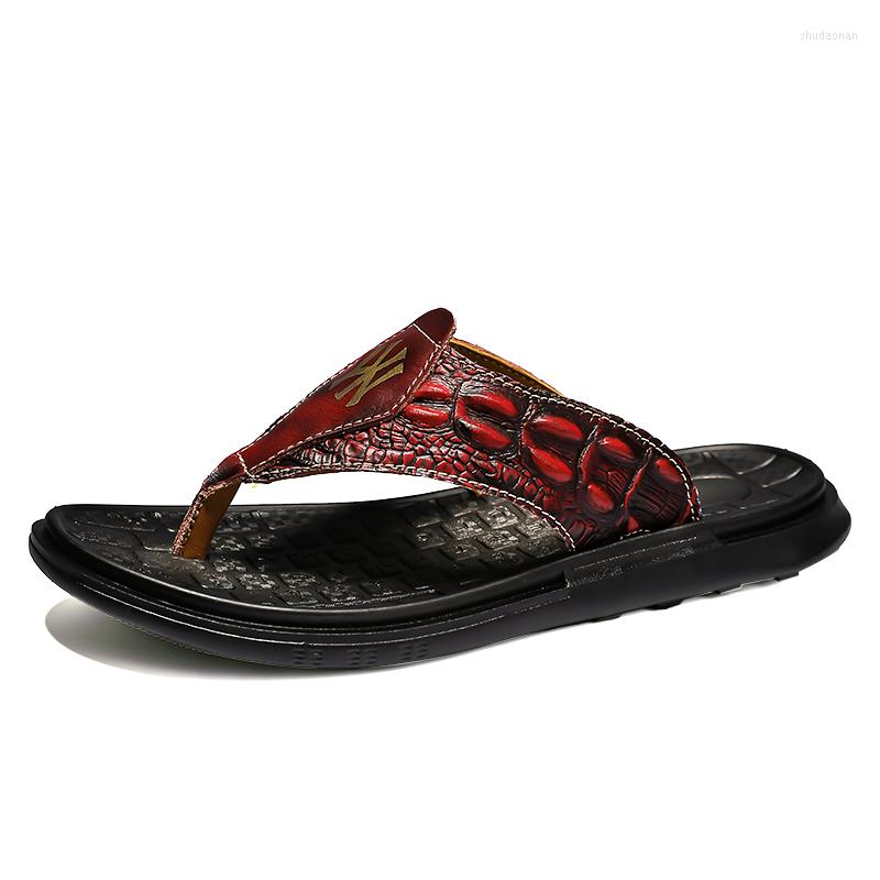 

Slippers Large Size Genuine Leather Summer Flip Flops, Wine red