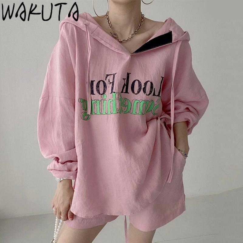 

Dress WAKUTA STREET OVERSIZED LETTER PRINT HOODED HOODIES HIGH WAIST DRAWSTRING SHORTS WOMENS SUITS NEW FALL KOREAN CASUAL 2 PIECE SET, Navy