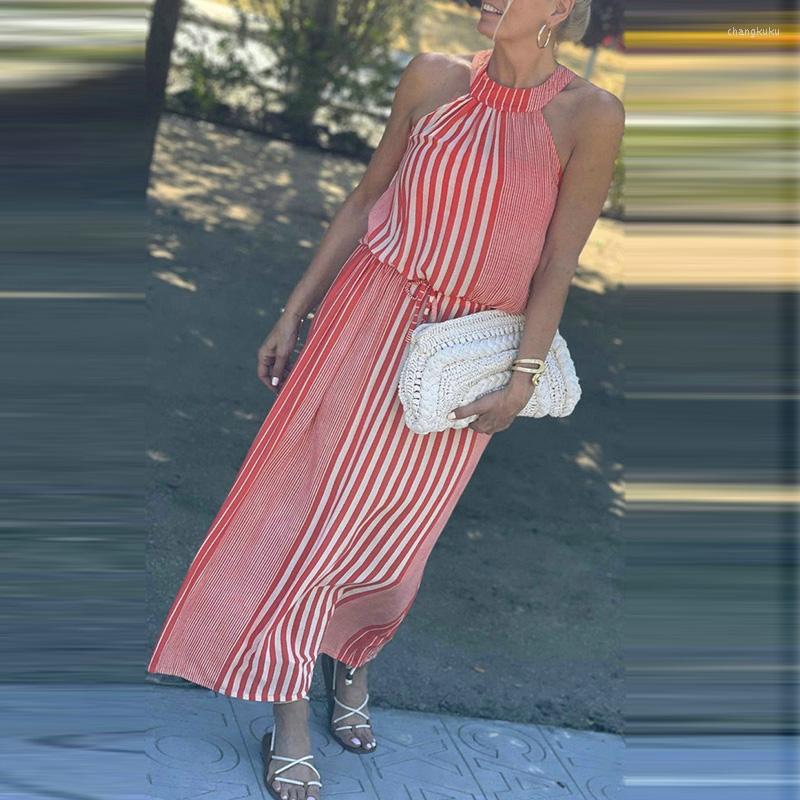 

Casual Dresses Elegant Boho Slim Office Dress Summer Fashion Stripe Print Holiday Long Women O-Neck Sleeveless Lace Up Beach, 02 orange