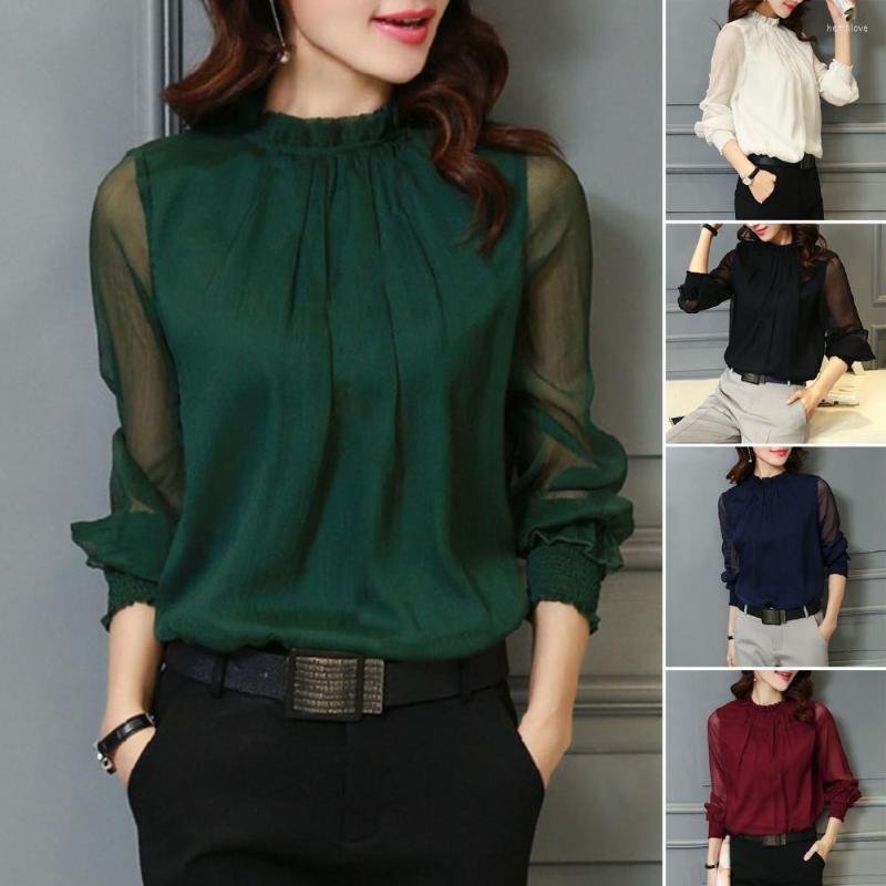 

Women' Blouses Chiffon Shirt Perspective Net Mesh Sleeve Elastic Cuffs Women Elegant Ruffle Collar Solid Color, Black