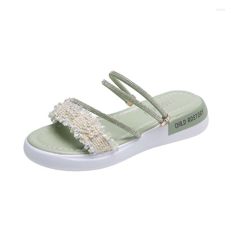 

Sandals Women Narrow Band Beading Slipper Luxury Slide Rhinestone Shoes, Green