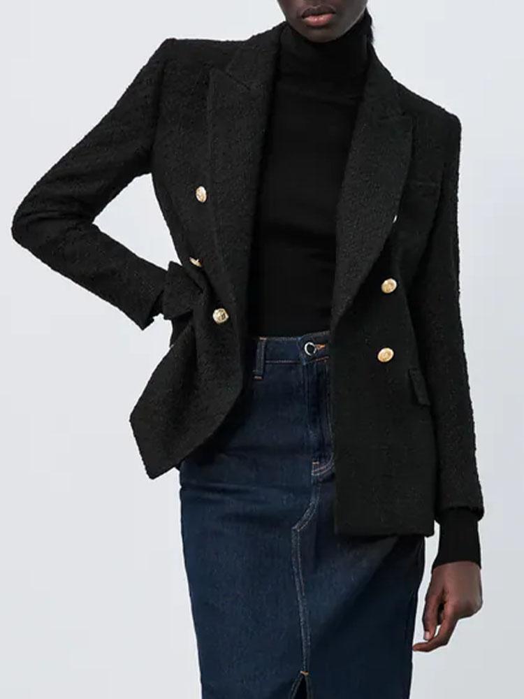 

Pants 2022 autumn women's new products casual allmatch commuter style lapel longsleeved pockets textured doublebreasted blazer, Black