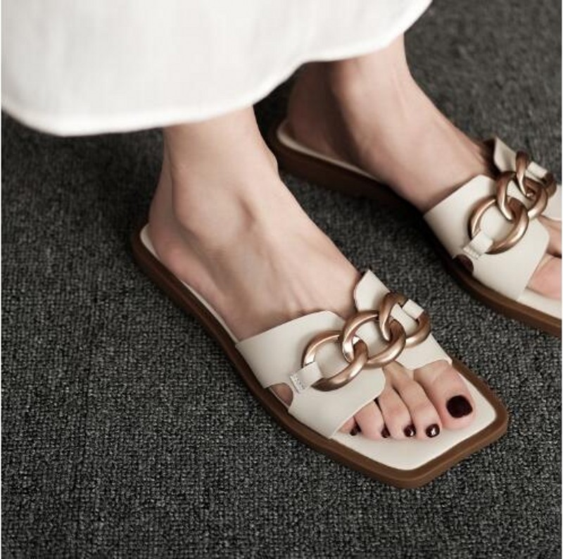 

White Black Chains Slippers Square toe Flat Summer Half Slides Women Sandals Shoes Outdoor Casual Shoe Cow Leather