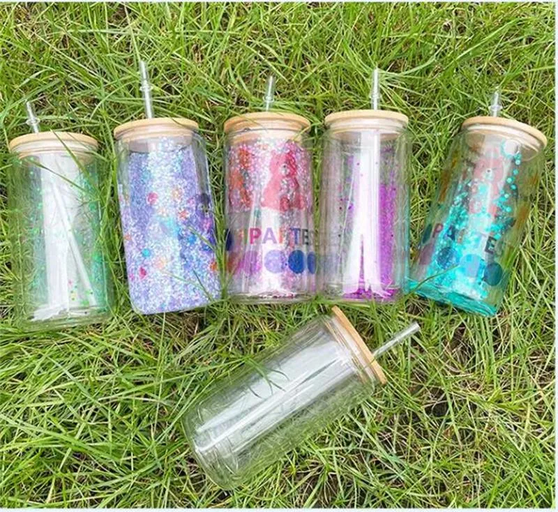 

US Warehouse 16oz Sublimation double wall snow globe Glass Can Creative Sequins tumblers shape Bottle with Lid and Straw Summer Drinkware Mason Jar Juice Cup, Custom