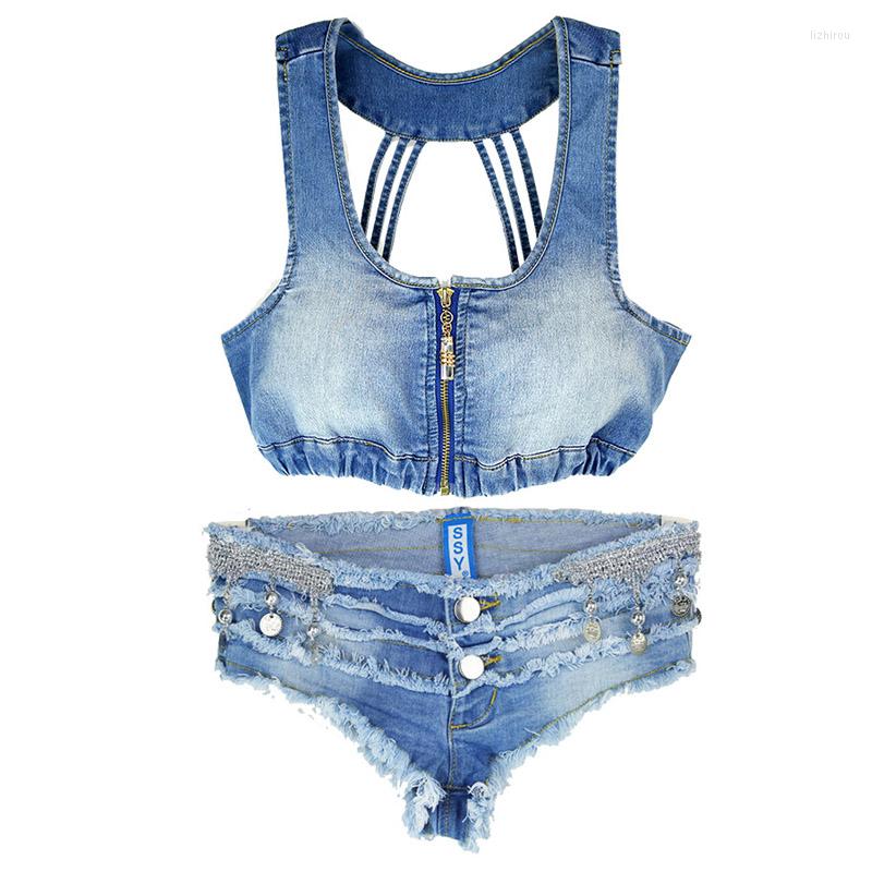 

Women' Two Piece Pants Two-piece Sexy Shorts Sets Women' Denim Vest Halter Hollow Wild Tube Top Nightclub Jeans Bells, 2pcs set