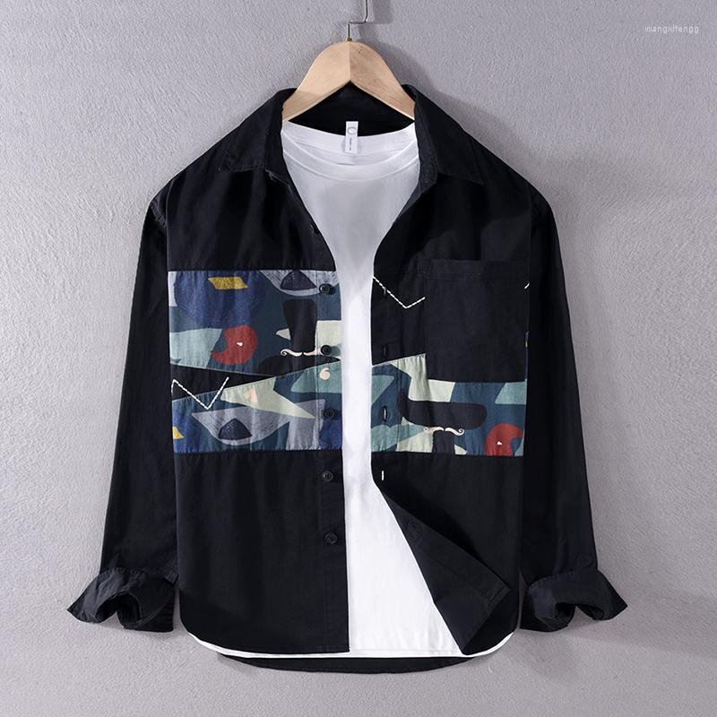 

Men's Casual Shirts Italy Designer Quality Cotton Shirt Men Brand Trendy Patchwork Comfortable Long Sleeve Top Clothes Large Size Chemise, Black