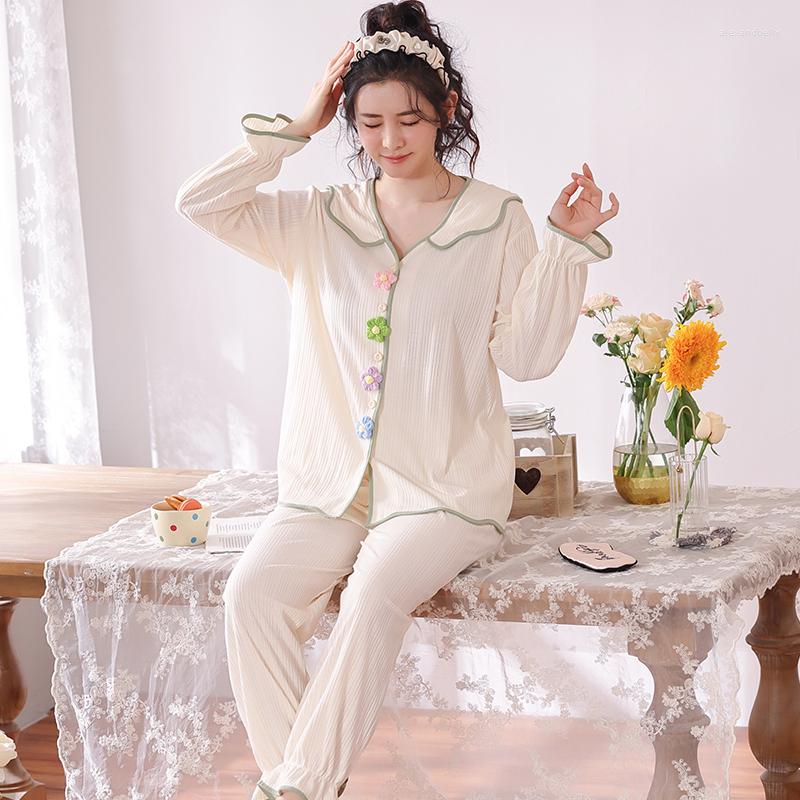 

Women's Sleepwear Autumn Loungewear Women Ruffled Long Sleeve Pjs Female Cotton Homesuit Homeclothes Fashion Flowers Pants Pajamas Set, Fb-y60005