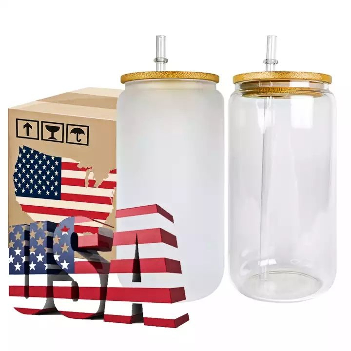 

USA Stock 16oz Sublimation Glass Mugs Water Bottles Cup Blanks With Bamboo Lid Frosted Beer Can Glasses Snow Globe Tumbler Mason Jar Plastic Straw, Multi
