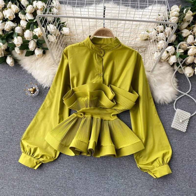 

Women's Blouses Women Puff Long Sleeve Shirt Pleated Ruffle Blouse Patchwork Temperament Y2k Top Slim Waist Sweet Korea Summer 2023, Green