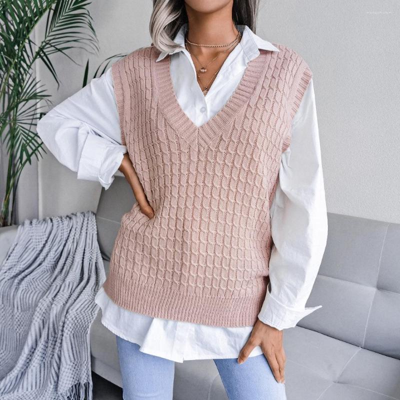 

Women' Sweaters 2023 Women Fall Winter V Neck Twist Casual Loose Knit Sweater Vest For Ladies Solid Color Long Sleve Chic Tops, Pink