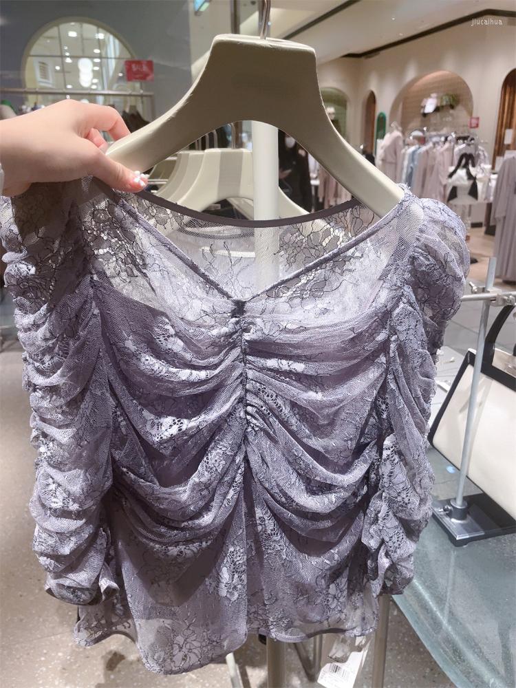 

Women's Blouses Japanese V-neck Puff Sleeve Lace Embroidered Shirt For Women Spring Summer 2023 Vintage Elegant Blouse Sweet Feminino Blusas, Gray