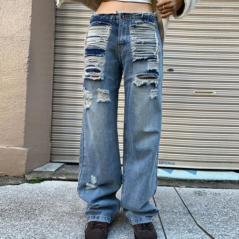 

Women' Jeans 2023 Retro Hole Broken Washed Women' Pants Y2K 90s Straight Casual Oversized Denim Trousers Loose Streetwear Pantalones