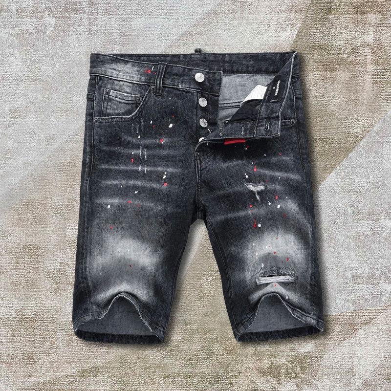 

Men's Jeans High Quality Splash Ink Short Men Fashion Brand Straight Summer Black Denim Shorts Pants Beach Button Casual Party, Picture