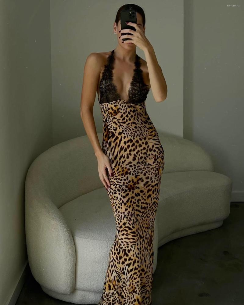 

Casual Dresses Sexy Leopard Print Open-back Lace Patchwork Dress Fashion Sleeveless Deep V-neck Slim Sheath Party Long Vestidos Robes