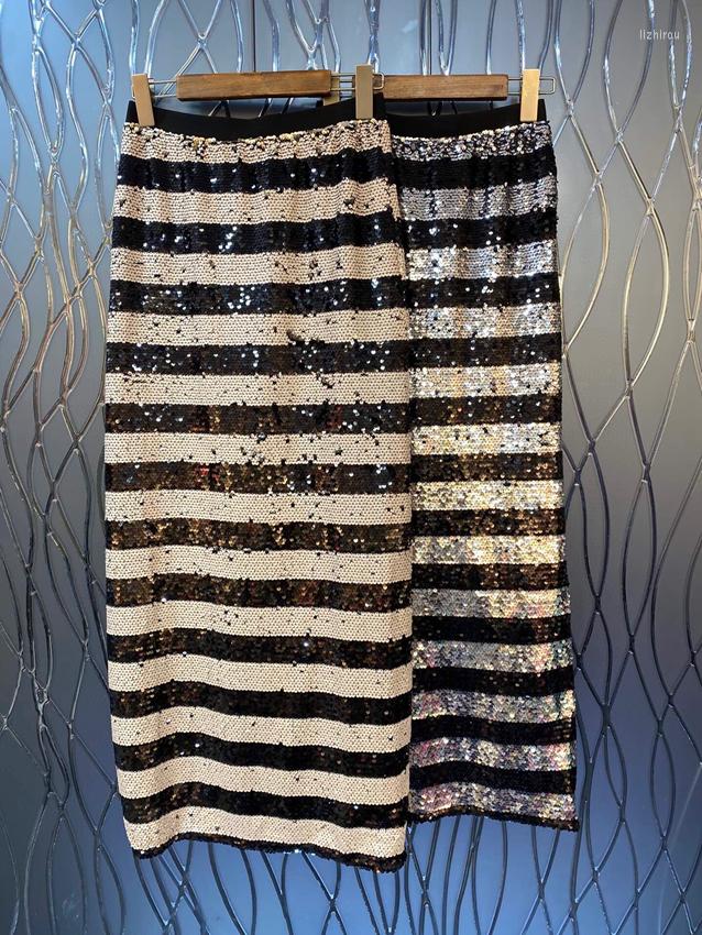 

Skirts 2023 Women Fashion Sexy Casual Black And White Striped Full Body Sequins High Waist Hip Long Skirt 0404
